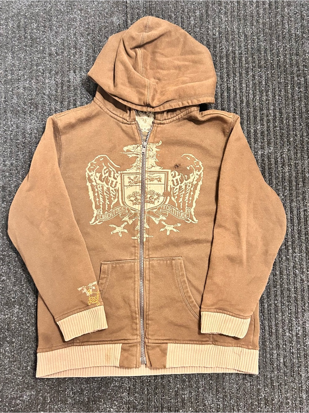Brown Kids Zip-Up Hoodie with Crest Graphic